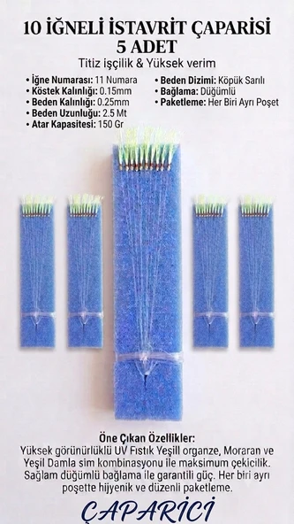 10 İğneli İstavrit Çaparisi (5 Adet) 11 Numara İğne 0.25 Beden 0.15 Köstek 150 Gr Atarl Kapasitesi Köpüğe Sarılı Düğümlü El Bağlaması ürün görseli 1