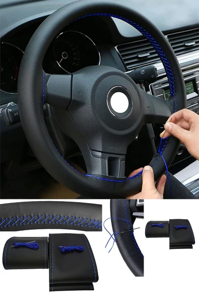 devirhesapdevri Opel Astra H Uyumlu Direksiyon Kılıfı Dikmeli Siyah Suni Deri Mavi Dikişli ürün görseli 1