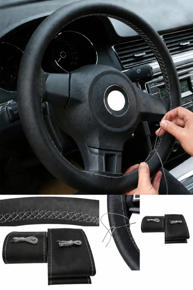 devirhesapdevri Mazda 6  ( 2013-2015 )   Uyumlu Direksiyon Kılıfı Dikmeli Siyah Suni Deri Gri Dikişli ürün görseli 1