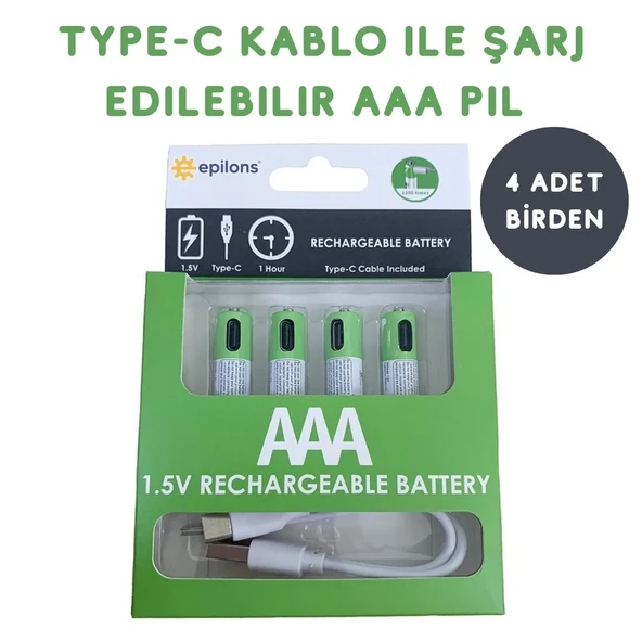 Usb Type-C ile Şarjolabilen 4 Adet AAA 1.5V Lityum Şarjlı Kalem Pil 750 mAH Uzun Ömürlü ürün görseli 1