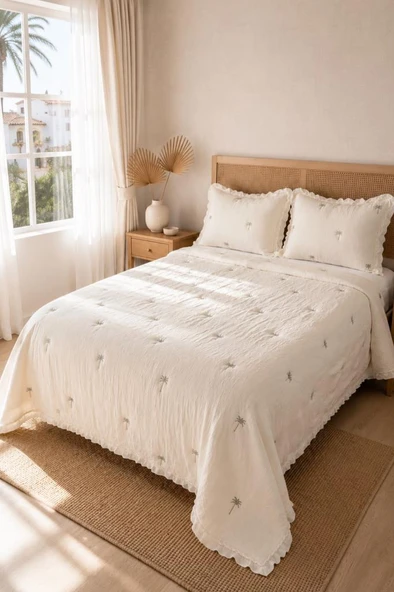 Palmiye Elyaf Dolgulu Çift Kişilik 240x260 Cm Yatak Örtüsü Krem ürün görseli 1