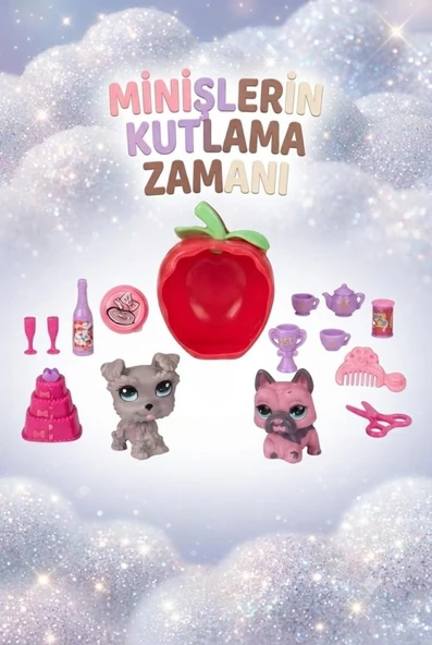Sevimli Minişlerin Kutlama Zamanı Temalı Kaleme Takılabilen Köpek Figürleri ve Işıklı Kırmızı Elma Evi Eğlenceli Set ürün görseli 1