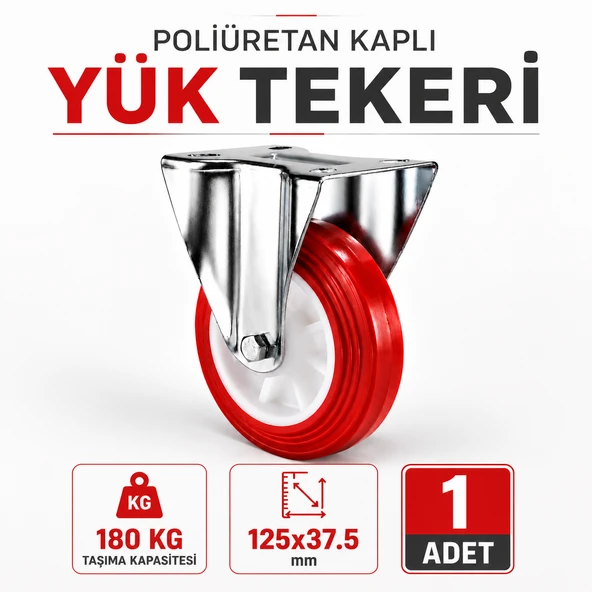 Poliüretan Kaplı Yük Tekeri 125x37.5 mm 180 Kg Ağır Yük Taşıma Tekerleği Poliamid Kasnak Sabit Tabla ürün görseli 1