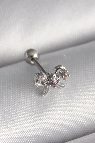 316L Çelik Gümüş Renk Zirkon Taşlı Kurdele Tragus Piercing ürün görseli 1