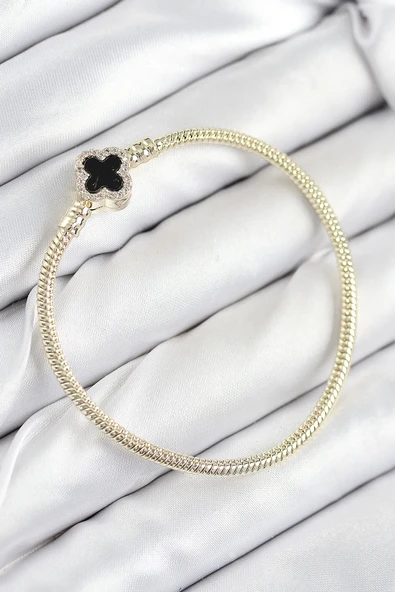 Pirinç Charm Zirkon Taşlı Yonca Model Gold Renk Kadın Bileklik ürün görseli 1