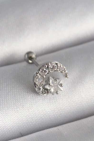 316L Çelik Gümüş Renk Zirkon Taşlı Ay Yıldız Tragus Piercing ürün görseli 1