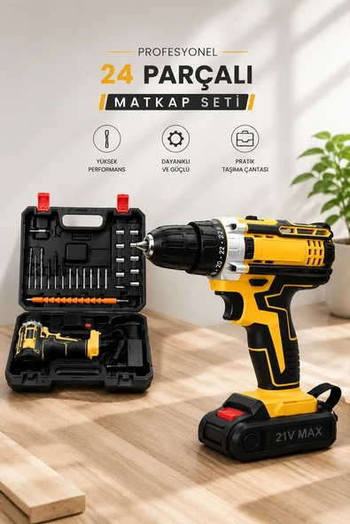 Metal Dişli 24W Akülü Matkap -Çift Bataryalı ve LED Çalışma Işığı ile Tam Set ürün görseli 1