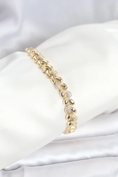 Pirinç Gold Renk VIP Seri Sarmal Damla Model Zirkon Taşlı Kadın Bileklik ürün görseli 1