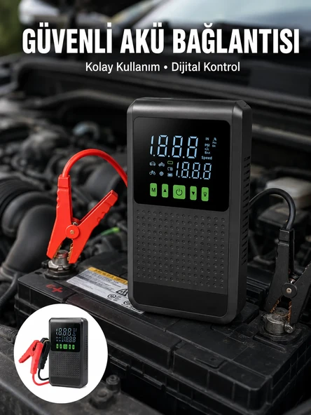 12.000 mAh Şarjlı Araç Akü Takviye ve Işıklı Hava Kompresörü Yeni Nesil ürün görseli 1