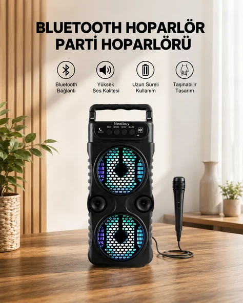 LED Işıklı Bluetoothlu Hoparlör Mikrofonlu Taşınabilir Ses Sistemi ürün görseli 1