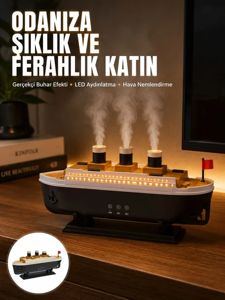 Ultra Sessiz Titanik Gemi LED Işıklı Aroma Difüzörü Oda Nemlendirici Yeni Nesil ürün görseli 1