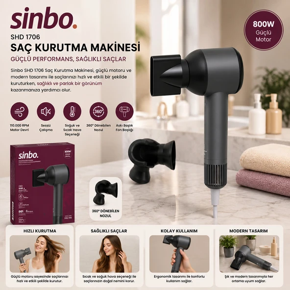Sinbo Saç Kurutma Makinesi - Gri Renk - Sessiz Çalışma Özelliği ürün görseli 1