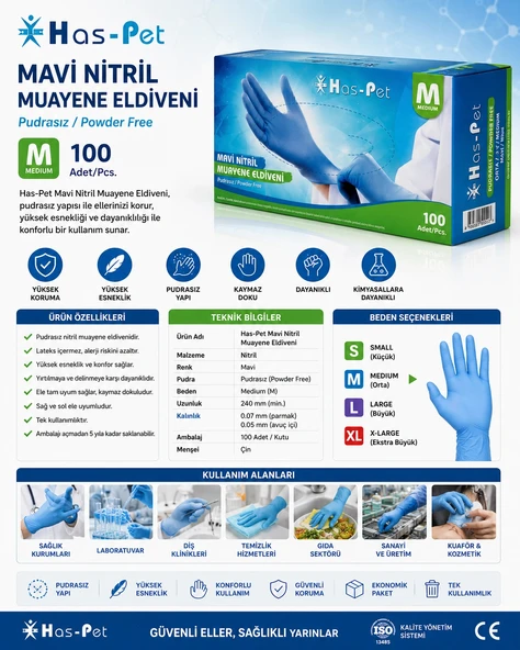 Has-Pet Nitril Eldiven Medium Mavi - Resim 3