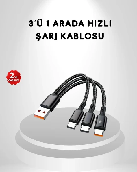 3’ü 1 Arada Hızlı Şarj Kablosu iOS Android Type-C Uyumlu ve Dayanıklı ürün görseli 1