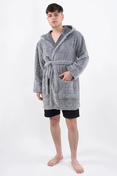 Plain Unisex Sabahlık Bornoz Wellsoft Peluş Kapşunlu Erkek Kadın Sabahlık ürün görseli 1