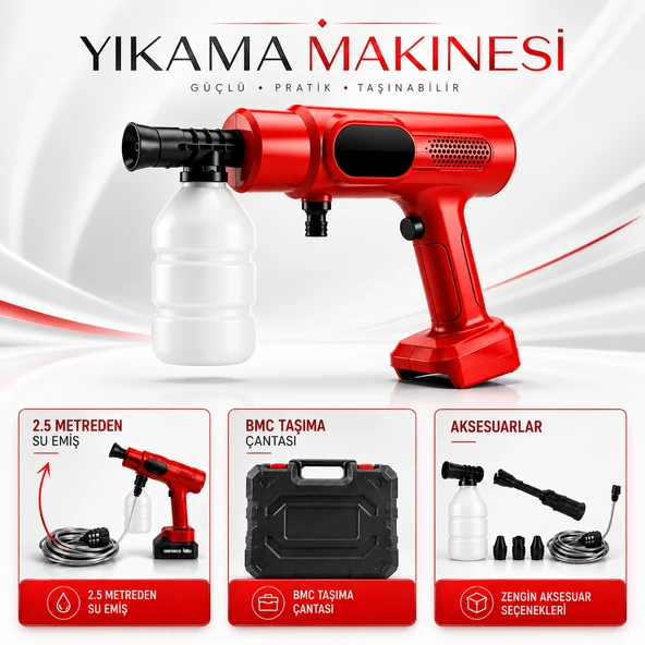 Akülü Basınçlı Yıkama Makinesi 38 Bar Kömürsüz Motor 20V 4.0Ah Çift Batarya Şarjlı Oto Temizlik Seti ürün görseli 1