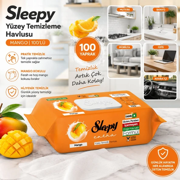 Sleepy Yüzey Temizleme Havlusu Mango 100'lü | Pratik Temizlik Mendili | Ferah Mango Kokulu Yüzey Temizleme Havlusu ürün görseli 1