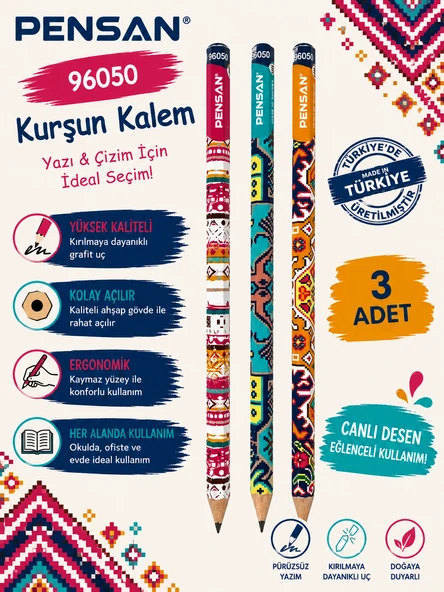 Pensan 96050 Kültürel Desenli HB Kurşun Kalem Yazı ve Çizim Kalemi Okul Kırtasiye 3 Adet ürün görseli 1
