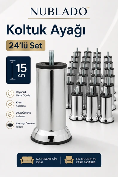 24'lü Mobilya Kanepe Baza Yatak Koltuk Destek Yükseltme Ayağı M8 Civatalı Krom Metal Ayakları 15 Cm ürün görseli 1