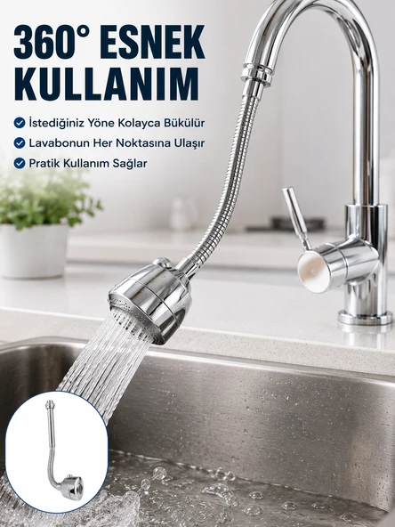 Krom Musluk Uzatma Aparatı  360° Dönebilen Su Tasarruflu Lavabo Fıskiyesi ürün görseli 1