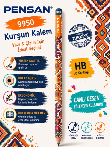 Pensan 96050 Kültürel Desenli HB Kurşun Kalem Yazı ve Çizim Kalemi Okul Kırtasiye 12 Adet ürün görseli 1