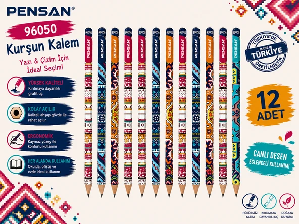 Pensan 96050 Kültürel Desenli HB Kurşun Kalem Yazı ve Çizim Kalemi Okul Kırtasiye 12 Adet ürün görseli 1