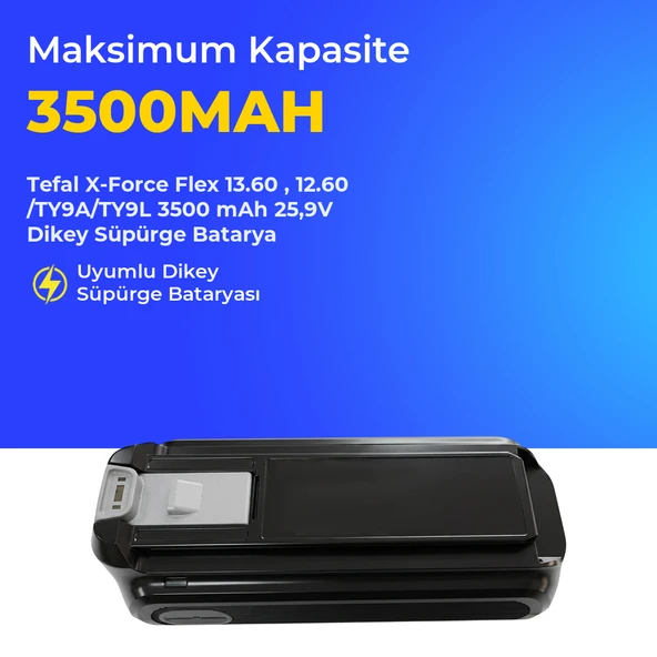 Tefal X-Force Flex 13.60 , 12.60 /TY9A/TY9L 3500 mAh 25,9V Dikey Süpürge Batarya ürün görseli 1