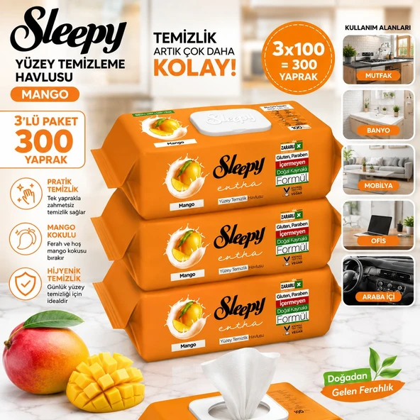 Sleepy Yüzey Temizleme Havlusu Mango 3'lü Paket | 300'lü | Pratik Islak Temizlik Mendili | Ekonomik Çoklu Paket ürün görseli 1