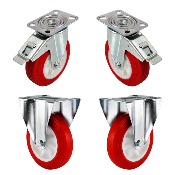 4'lü Set Sabit ve Dönerli Frenli Tablalı Yük Taşıma Teker 150x40 mm Poliamid 150'lik Kırmızı Tekerlek ürün görseli 1