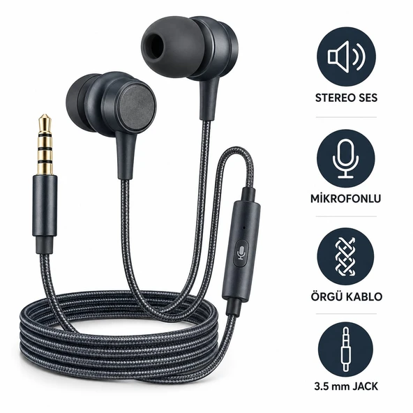 3.5mm Jak Girişli Mikrofonlu Kulak İçi Kulaklık Örgü Kablolu Stereo Bass Telefon Bilgisayar Uyumlu ürün görseli 1