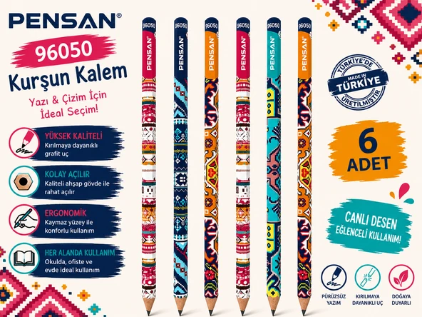 Pensan 96050 Kültürel Desenli HB Kurşun Kalem Yazı ve Çizim Kalemi Okul Kırtasiye 6 Adet ürün görseli 1