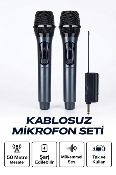 Profesyonel Çiftli Kablosuz Mikrofon Seti Karaoke Şarj Edilebilir 50 Metre ürün görseli 1