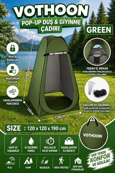Otomatik Kabin Giyinme Çadırı 120x120x190 Cm Üst Havalandırma Yan Pencereli Duş & Wc Çadırı ürün görseli 1