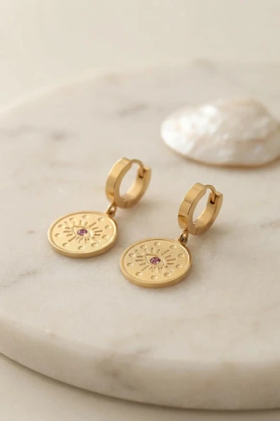 316L Çelik Gold Renk Göz İşleme Zirkon Taş Detay Kadın Küpe ürün görseli 1