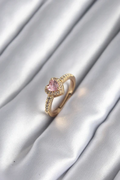 Pirinç Gold Renk Pembe Zirkon Taş Kalp Charm Model Kadın Yüzük ürün görseli 1