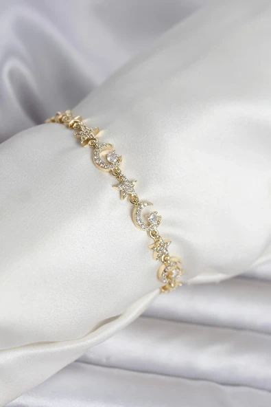 Pirinç Gold Renk Zirkon Taşlı Ay ve Yıldız Model Kadın Bileklik ürün görseli 1