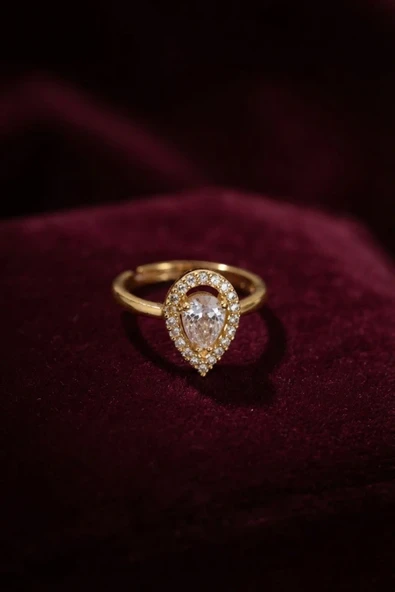 Ayarlamalı Gold Renk Metal Zirkon Taşlı Damla Model Yüzük ürün görseli 1