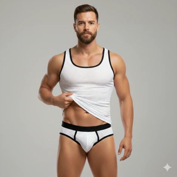 Beyaz Delikli Kumaş Tank Top Slip Takımı ürün görseli 1