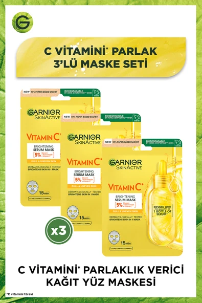 Garnier C Vitamini Parlaklık Verici Kağıt Yüz Maskesi 3'lü Set (5% Gliserin, Niacinamide) ürün görseli 1