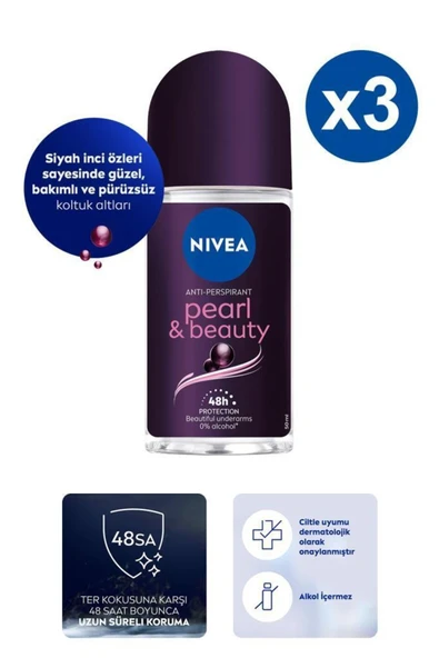NIVEA Pearl&beauty Black Roll-on 50ml X3 ürün görseli 1