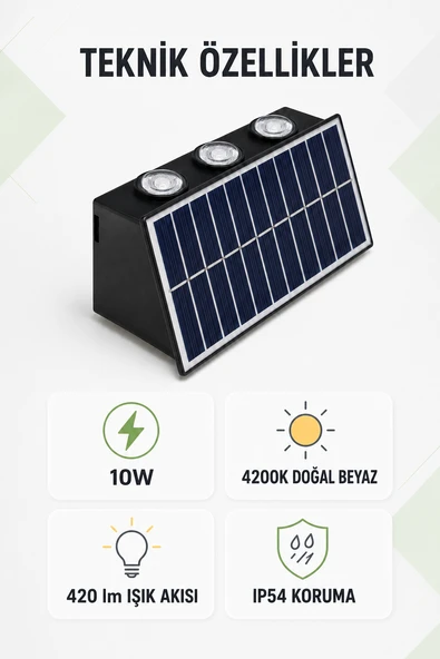 10W 4200K IP54 Solar LED Bahçe Duvar Lambası - Resim 4