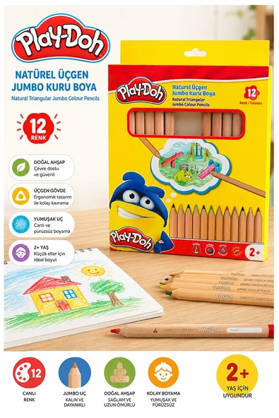 12 li Jumbo Kuru Boya Kalemi Naturel Karton Kutu 1 Paket Play-Doh Kalın 12 Renk Jumbo Kuruboya Tam Boy Renkli Kalem ürün görseli 1