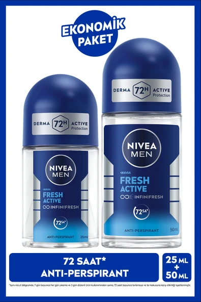 NIVEA MEN Erkek Roll-on Deodorant Fresh Active 50ml ve Mini Roll-on 25ml, Seyahat Boyu, 72 Saat Koruma ürün görseli 1