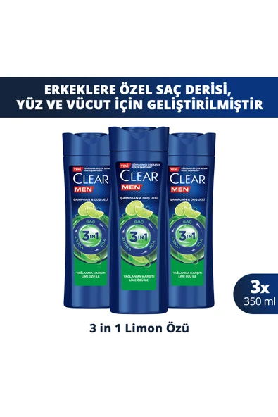 Clear Men 3in1 Şampuan & Duş Jeli Yağlanma Karşıtı Lime Özü 350 ml x3 ürün görseli 1