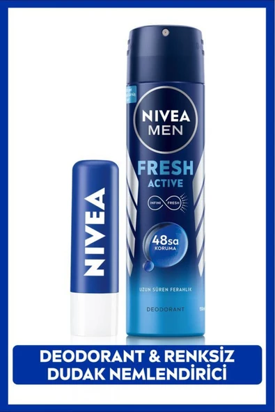NIVEA Men Erkek Sprey Deodorant Fresh Active 150ml Ve Original Care Renksiz Dudak Bakım Kremi ürün görseli 1