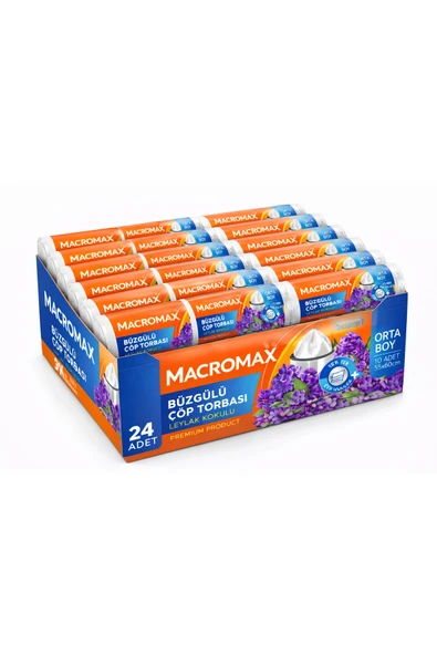 MACROMAX Büzgülü Çöp Torbası Orta Boy (55x60cm) Leylak Kokulu 10 Adet X 24 Paket ürün görseli 1