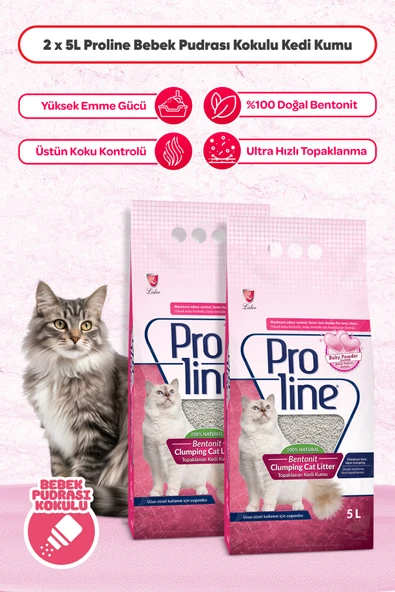 Proline Proline Pudralı Bentonit Kedi Kumu 2 Adet 5lt Bebek Pudralı Topaklanan Ince Taneli Kedi Kumu ürün görseli 1