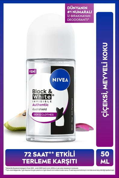 NIVEA Kadın Roll on Deodorant Black&White Authentic 50 ml,Terleme Karşıtı,Meyve,Çiçek Kokusu,Kumaş Koruma ürün görseli 1