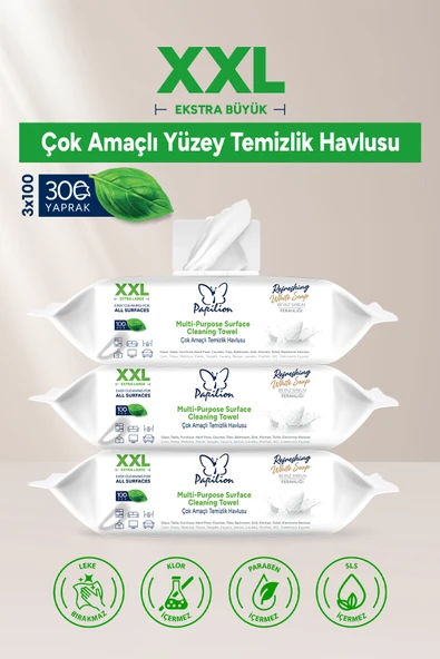 Papilion Easy Clean XXL Beyaz Sabun Kokulu İz Bırakmayan Yüzey Temizleme Mendili 3’lü 100 Yaprak ürün görseli 1