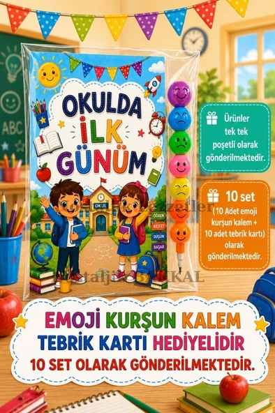 Okula Yeni Başlayan Öğrencilere Özel 10 Adet Hediye Seti 1. Sınıf- Sene Başı Emoji Kurşun Kalem Tebrik Kartı Hediyeli ürün görseli 1